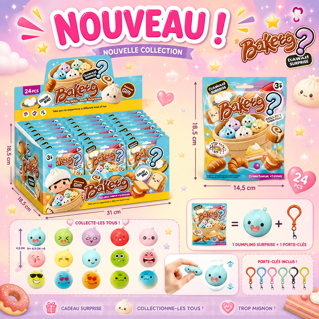 Porte-clés Dumpling à remontée lente en PU 4,5 cm